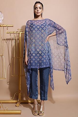 indigo blue printed & embroidered cape