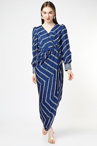 indigo blue printed draped gown