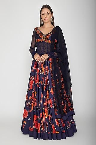 indigo blue printed embroidered anarkali with dupatta