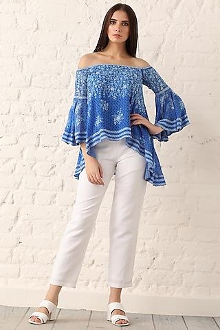 indigo blue printed off shoulder top