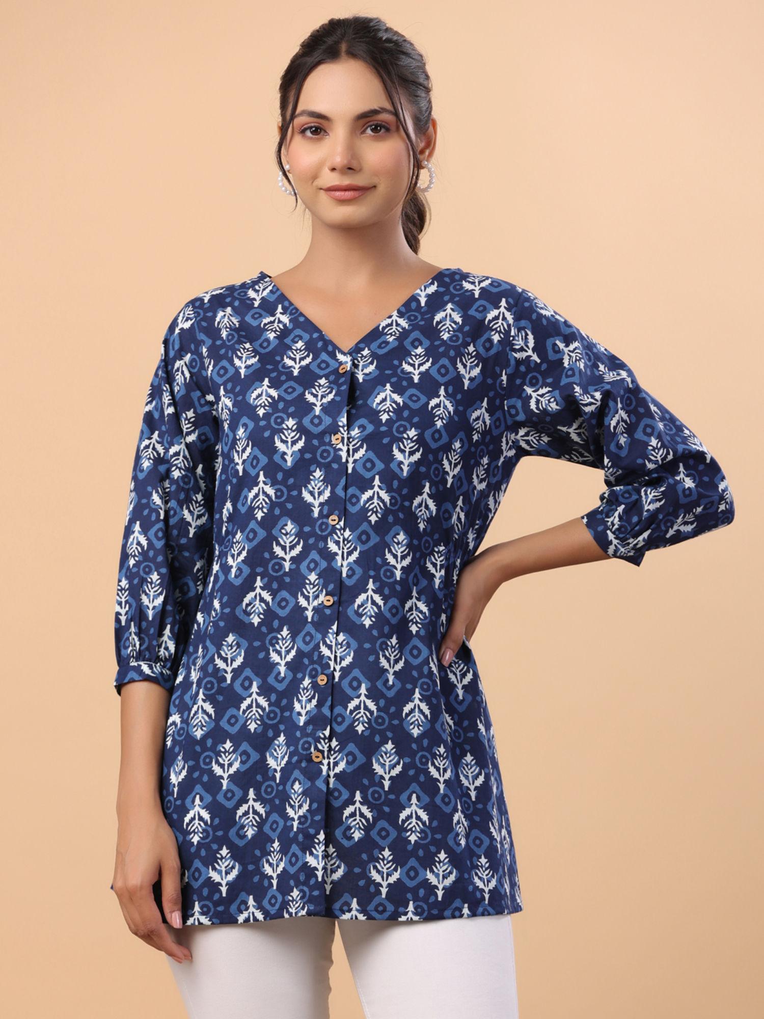 indigo blue pure cotton ethnic motifs printed regular kurti