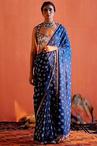 indigo blue pure silk bandhani saree set