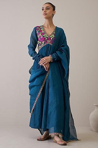 indigo blue pure silk chanderi & pure cotton mulmul resham embroidered anarkali set