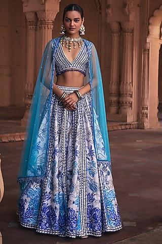 indigo blue raw silk & cotton silk floral printed lehenga set