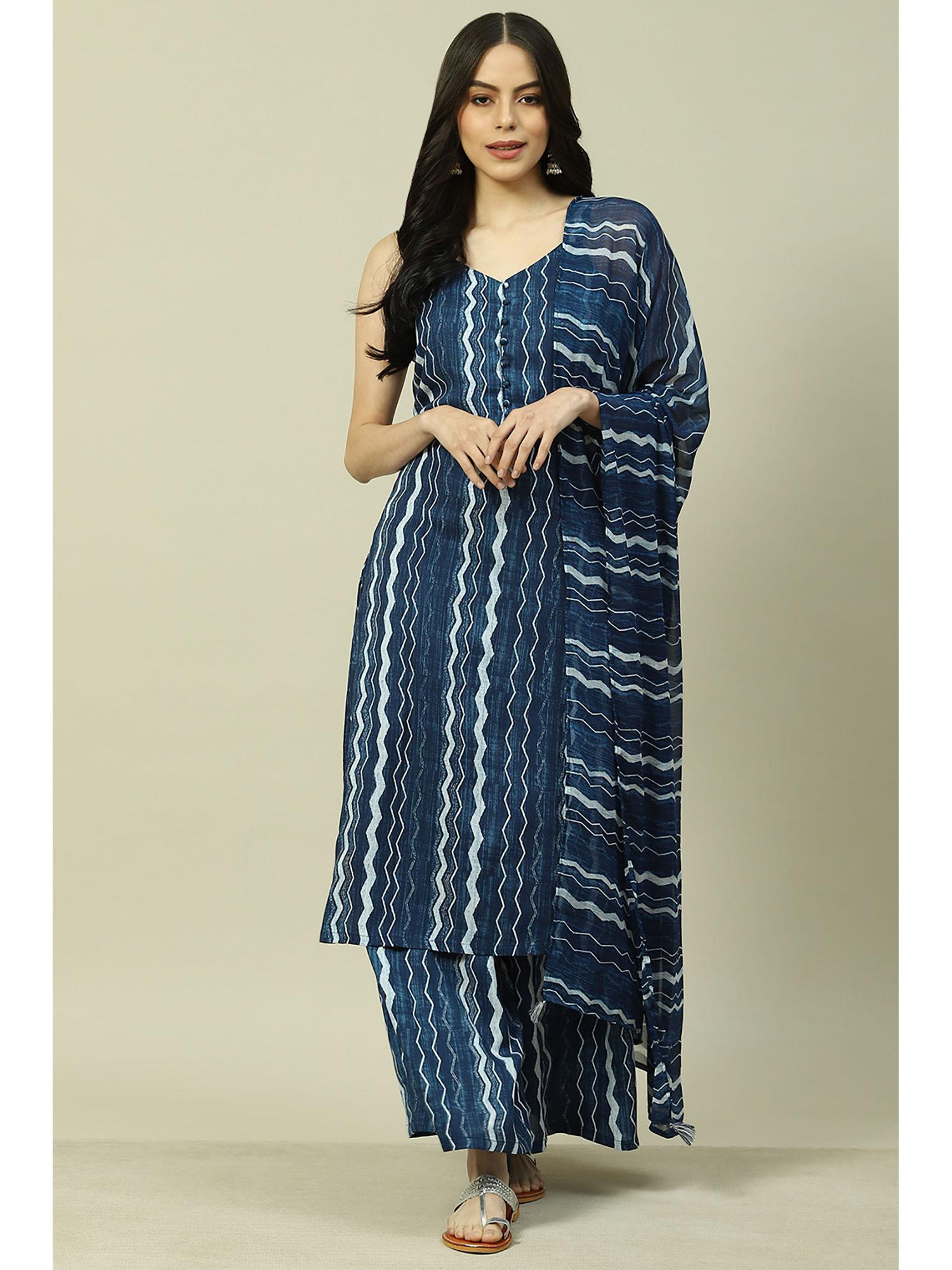 indigo blue rayon straight kurta with palazzo and dupatta (set of 3)