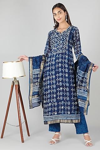 indigo blue silk & cotton printed kurta set