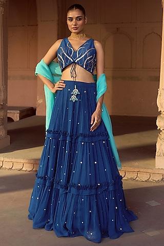 indigo blue silk & georgette layered lehenga set