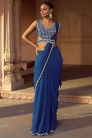 indigo blue silk & georgette pre-draped saree set