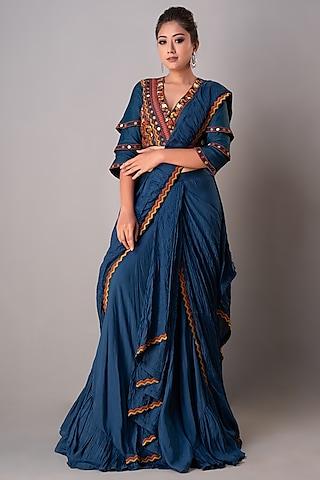 indigo blue silk draped saree set