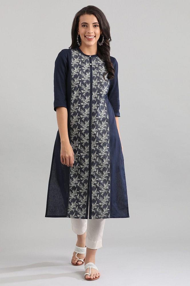 indigo blue straight ethnic kurta in band collar