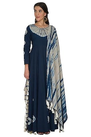 indigo blue tie-dye anarkali with dupatta