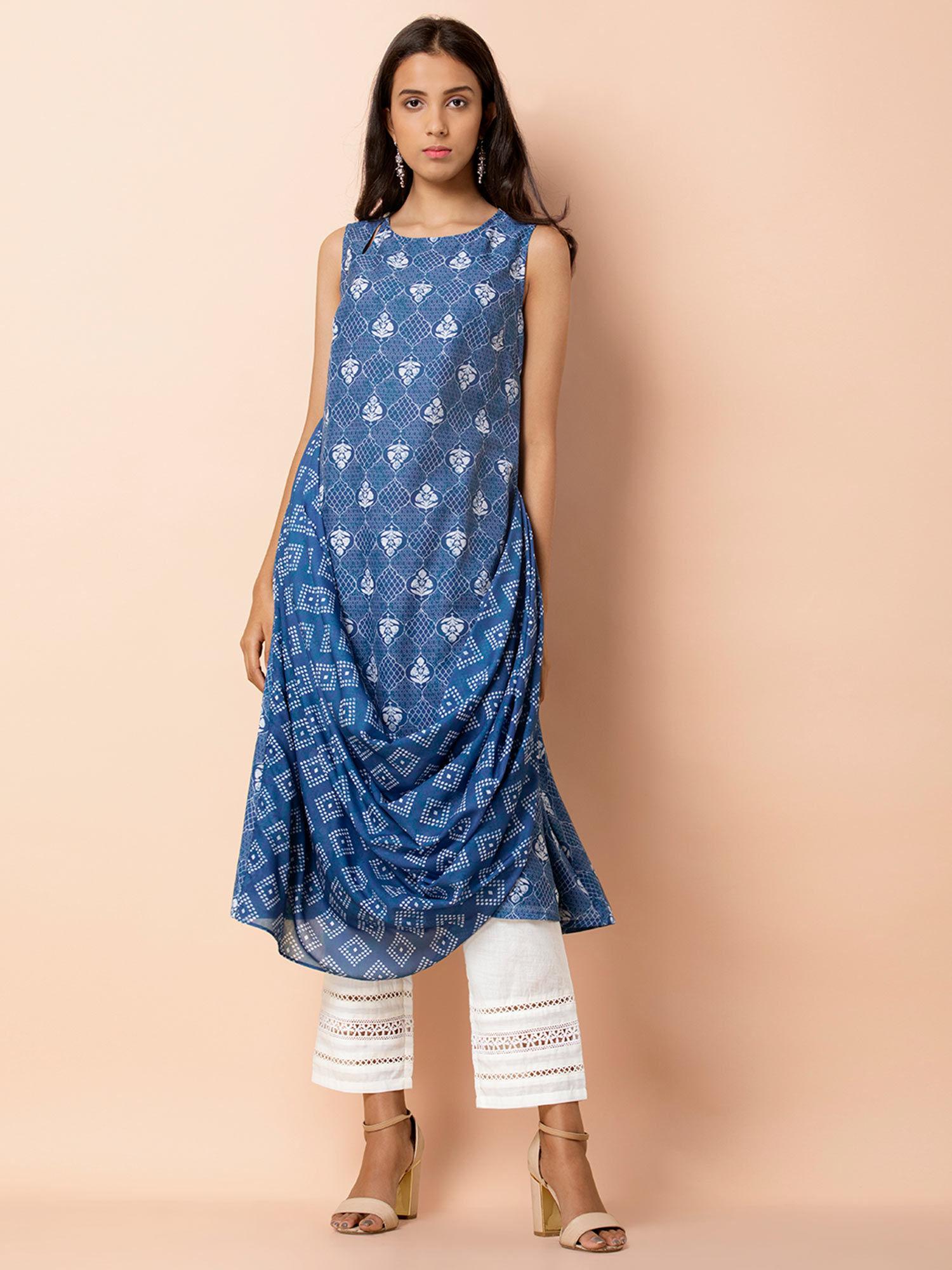 indigo chanderi cowl high-low tunic