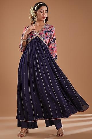 indigo chanderi floral printed & sequins embroidered kurta set