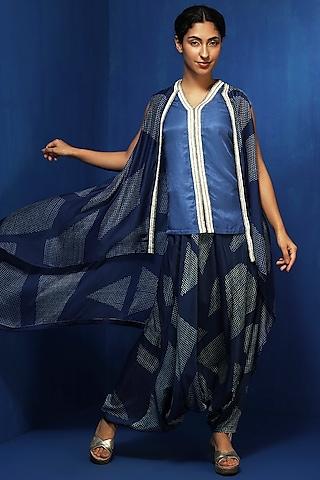 indigo chanderi handblock printed asymmetric cape set