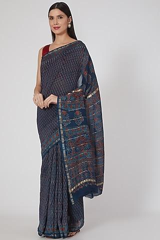 indigo chanderi silk ajrakh hand printed saree set