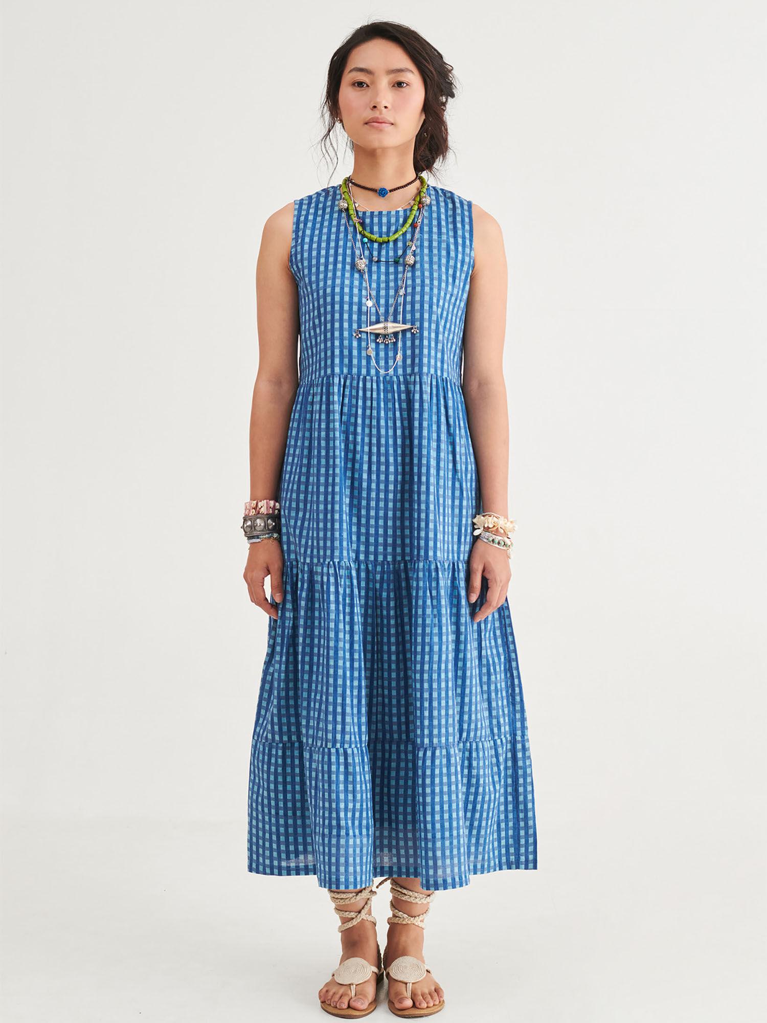 indigo checks sleeveless dress