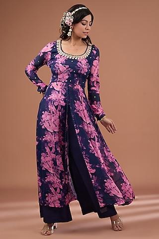 indigo chinon chiffon floral printed & dori embroidered kurta set