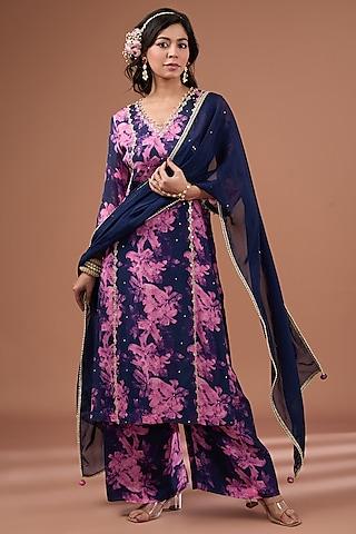 indigo chinon chiffon printed & embroidered kurta set