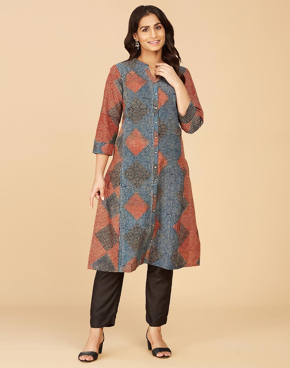 indigo cotton ajrakh printed long kurta