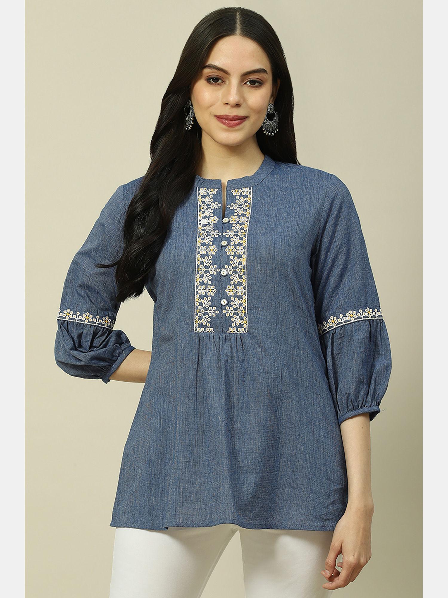 indigo cotton blend indie top