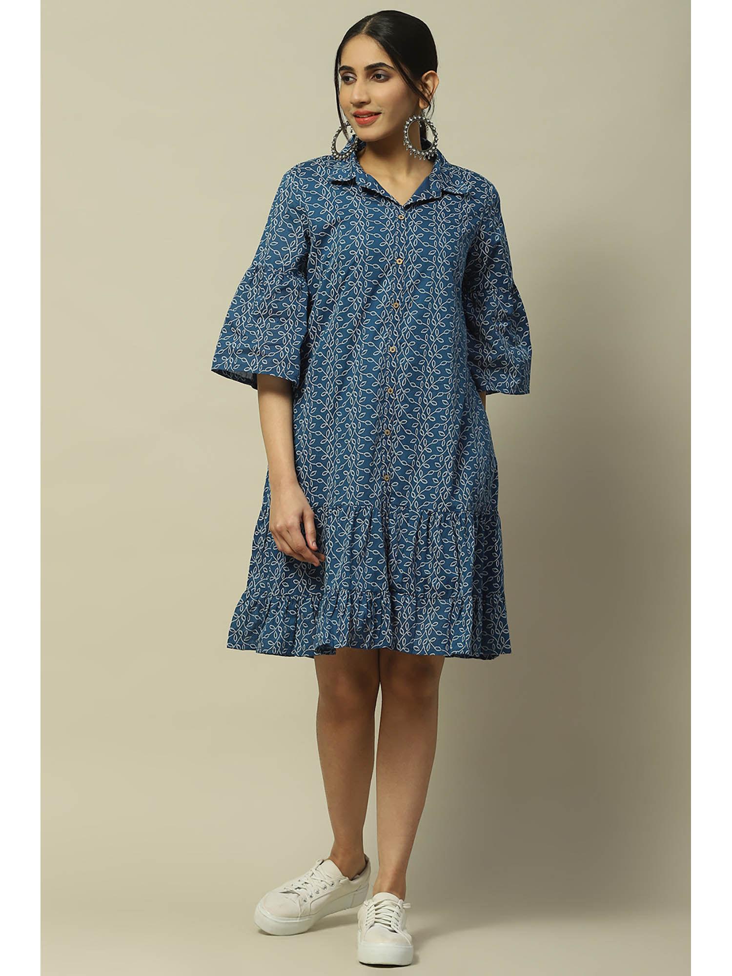 indigo cotton blend tiered dress