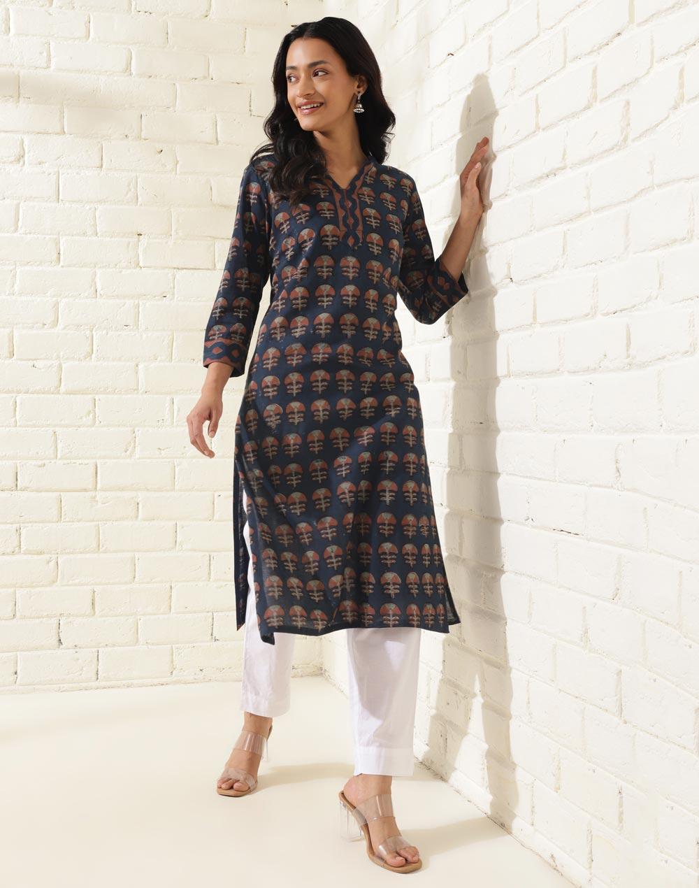 indigo cotton dabu printed long kurta