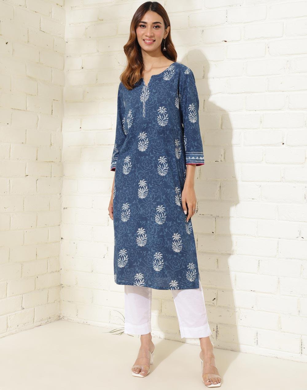 indigo cotton dabu printed long kurta