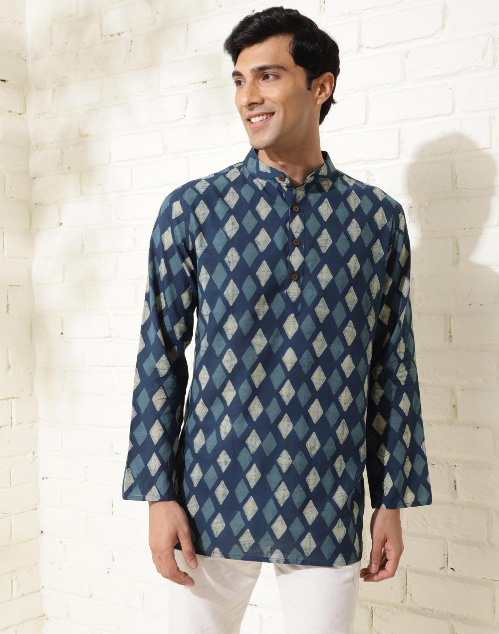 indigo cotton dabu printed short kurta