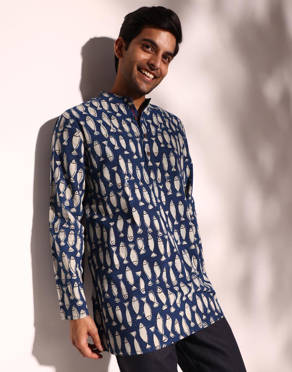 indigo cotton dabu printed short kurta