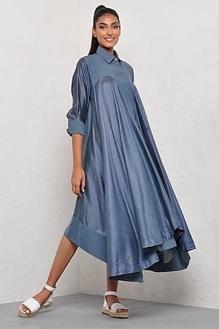 indigo cotton draped shirt dress