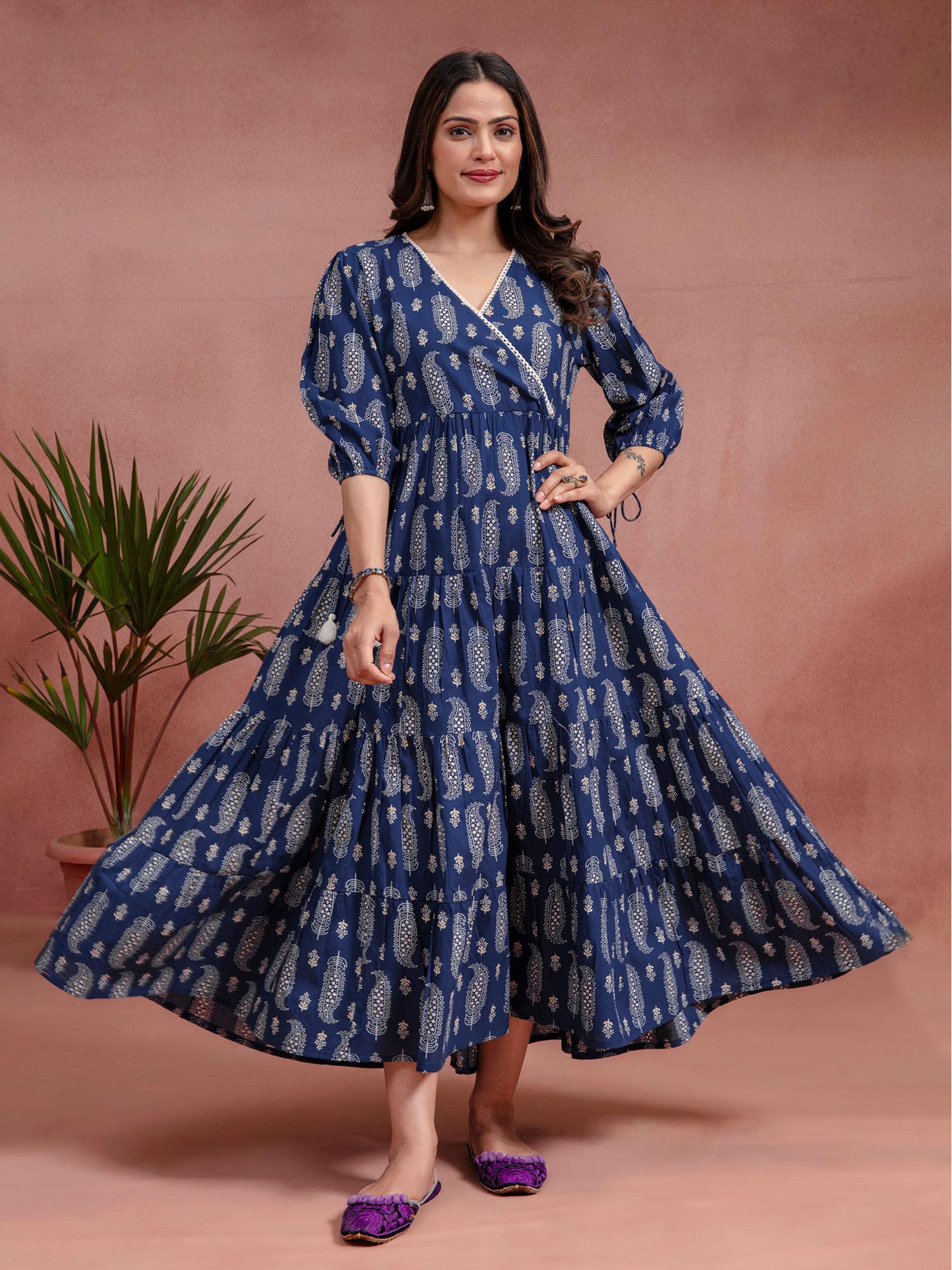 indigo cotton flared paisley printed angrakha dress