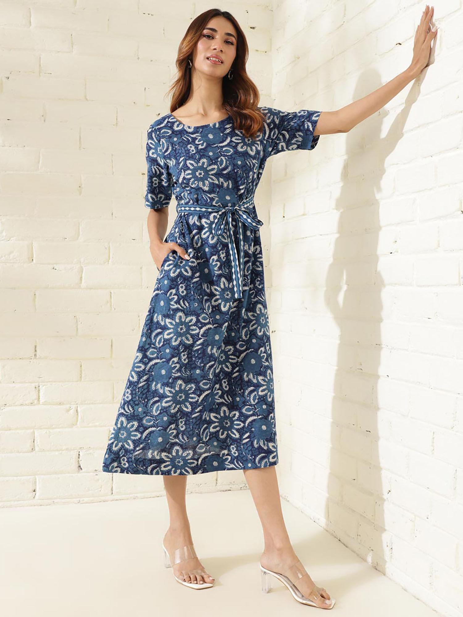 indigo cotton floral midi dress with belt (set of 2)