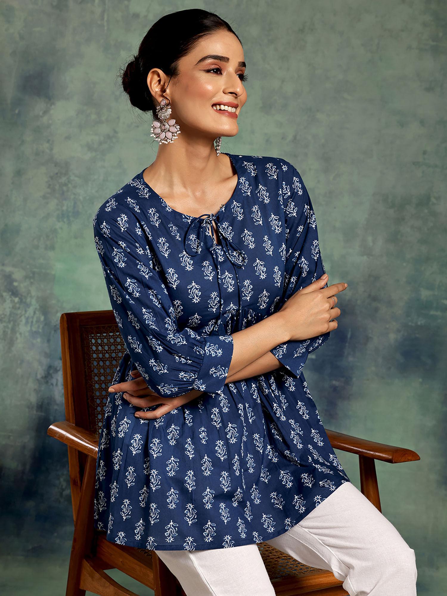 indigo cotton floral printed a-line tunic