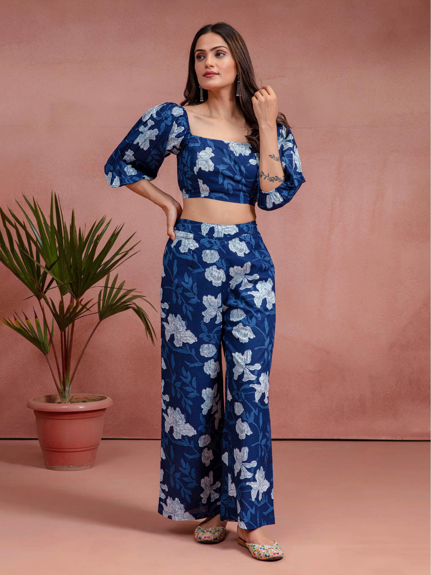 indigo cotton floral printed crop top co-ord (set of 2)