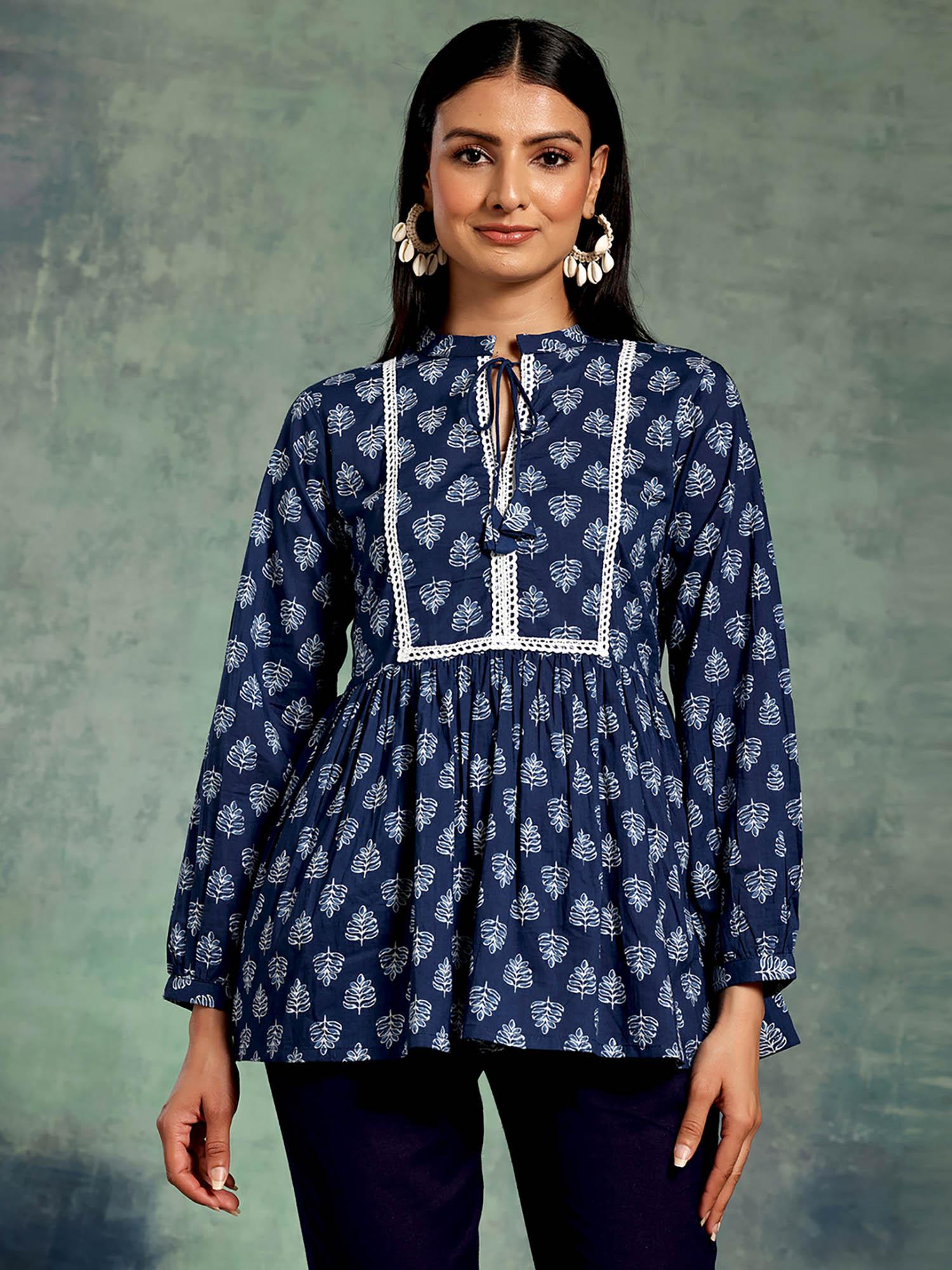 indigo cotton floral printed yoke design a-line tunic