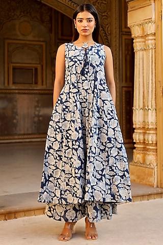 indigo cotton hand block printed anarkali set