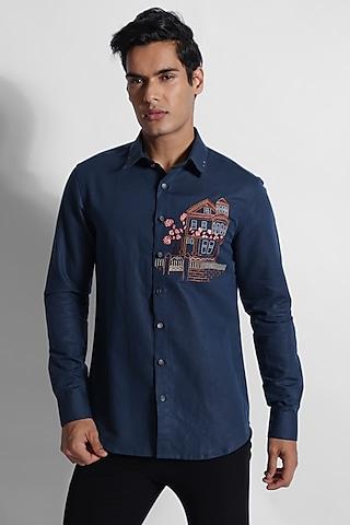 indigo cotton linen embroidered shirt
