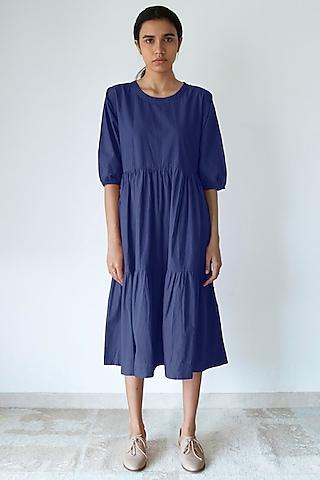 indigo cotton poplin tiered dress