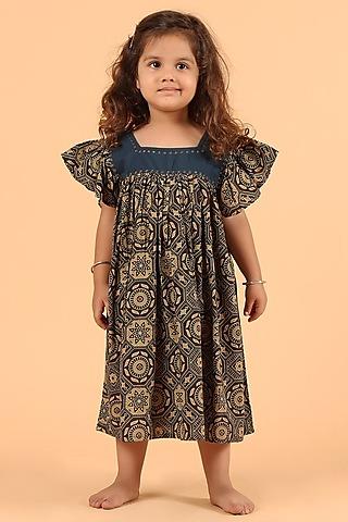 indigo cotton printed a-line dress for girls