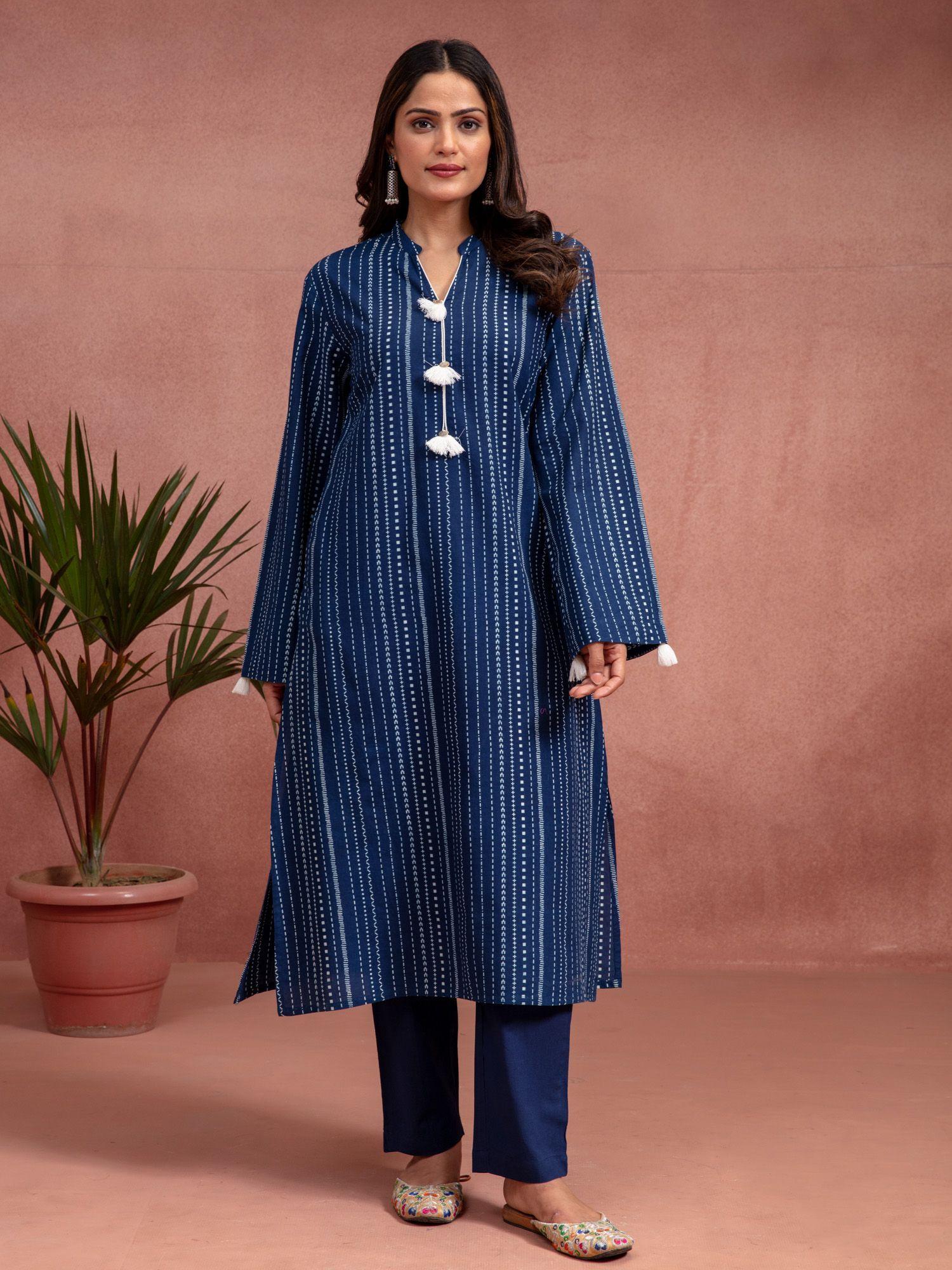 indigo cotton printed a-line kurta with pant (set of 2)