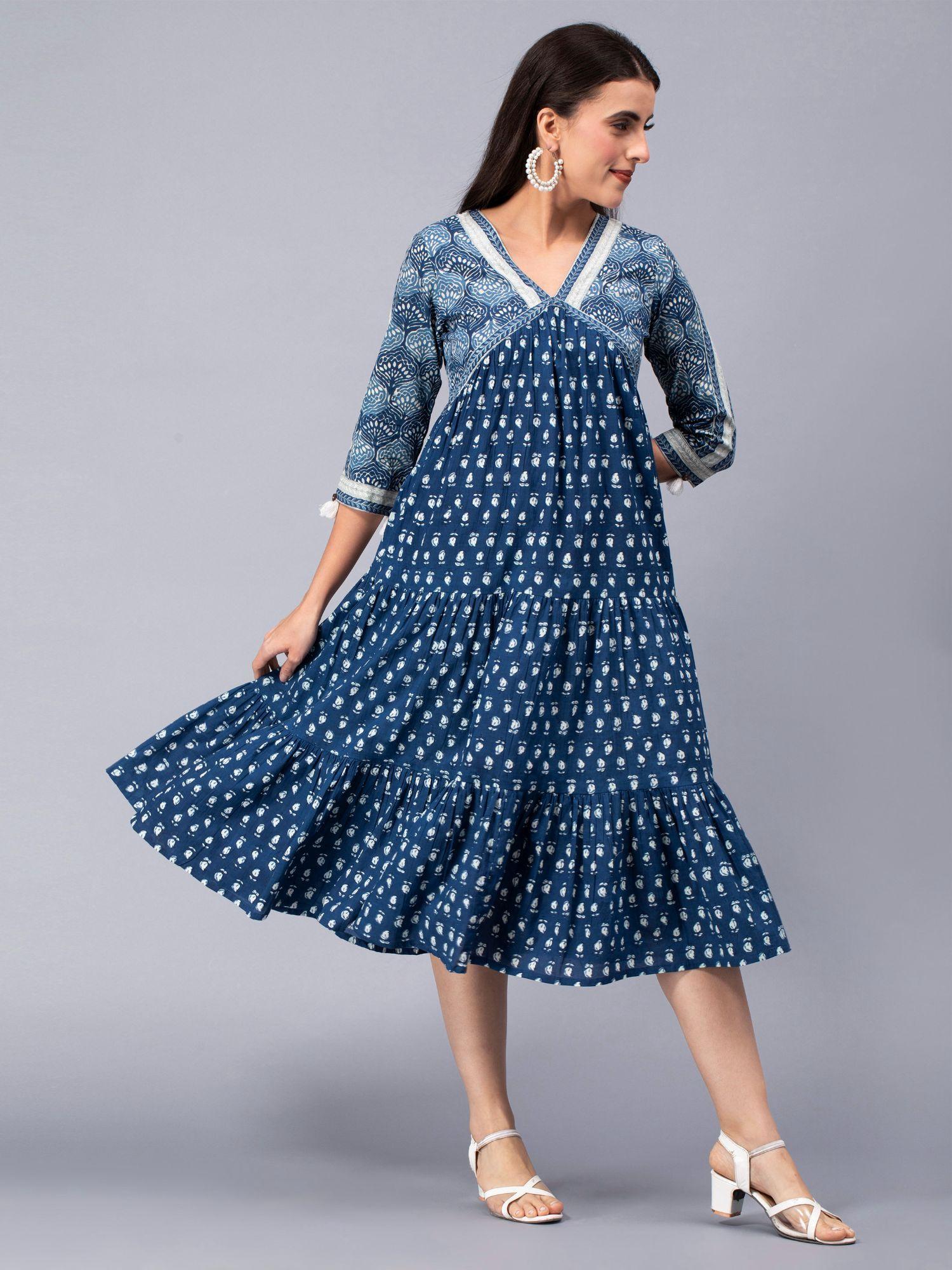 indigo cotton printed flared dress