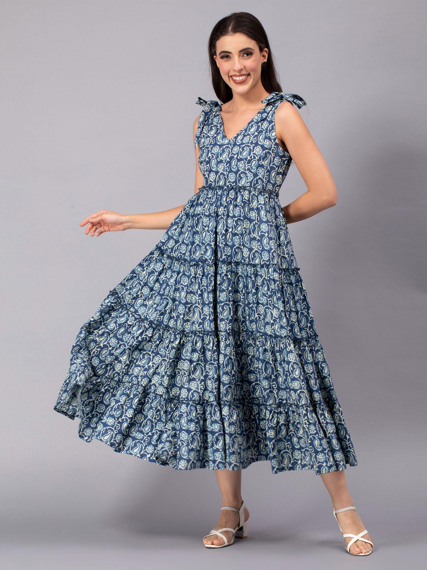 indigo cotton printed flared dress