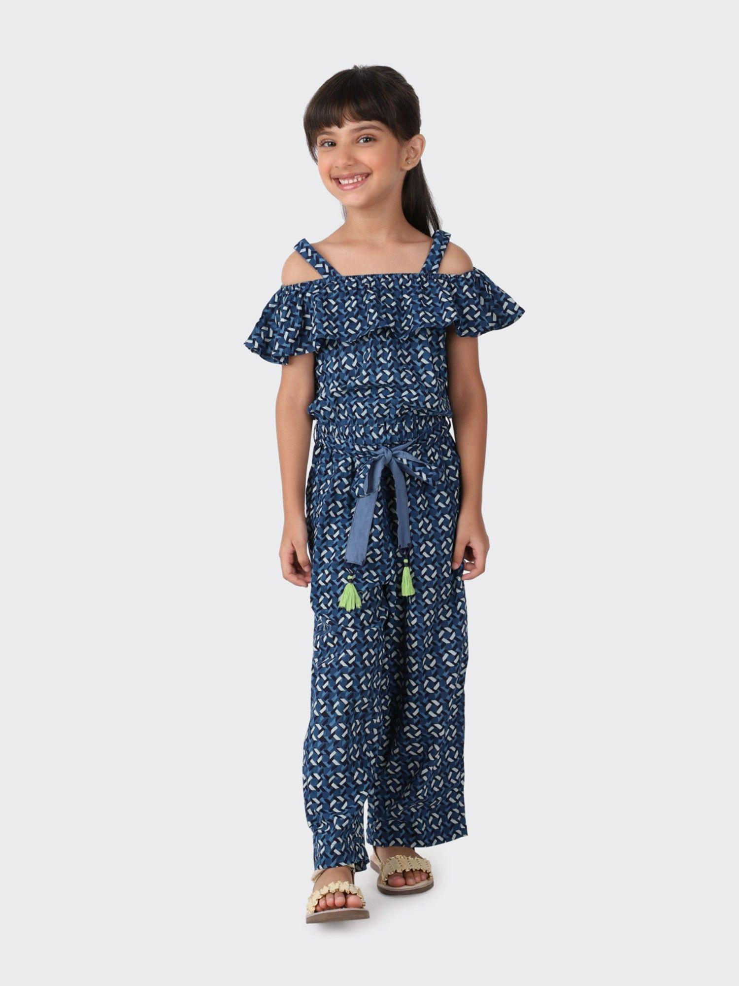 indigo cotton printed girls jumpsuits (set of 2)