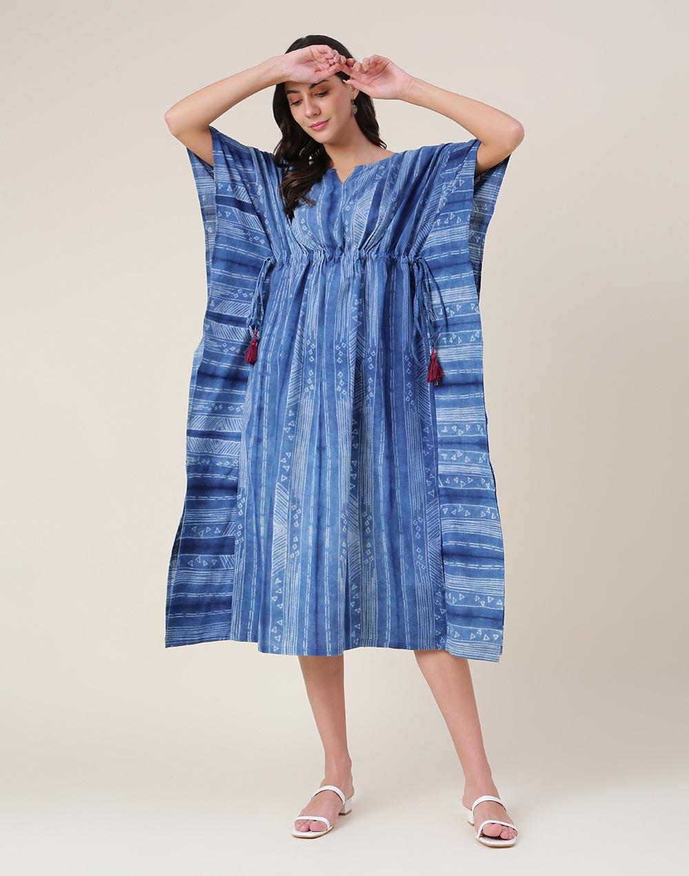 indigo cotton printed hand block printed kaftan