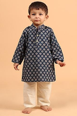 indigo cotton printed kurta set for boys