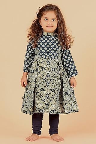 indigo cotton printed kurta set for girls