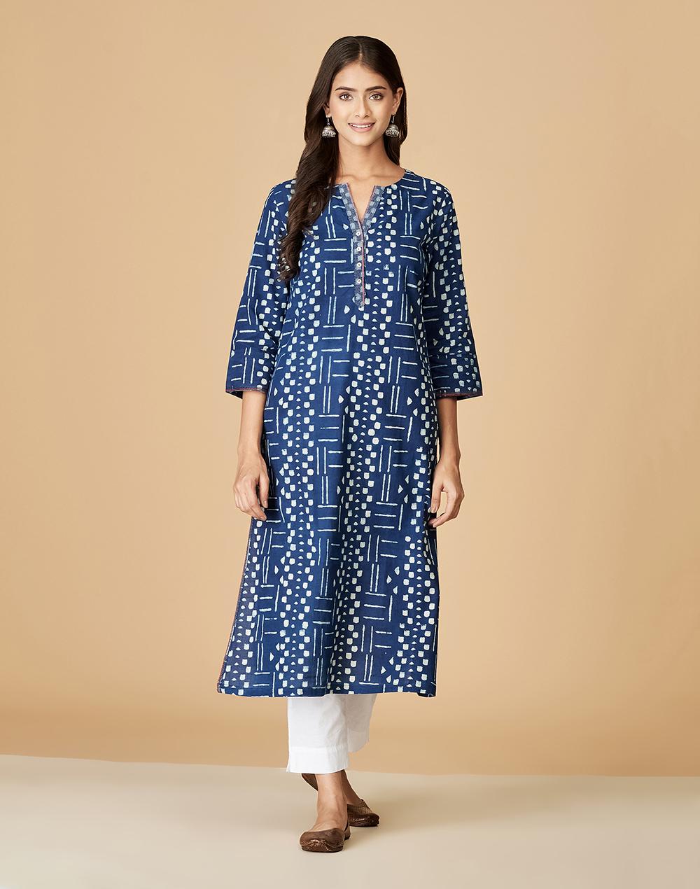 indigo cotton printed long kurta