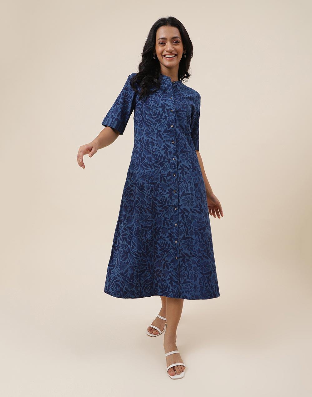 indigo cotton printed midi dress