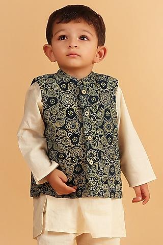 indigo cotton printed nehru jacket for boys