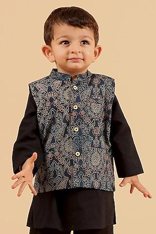 indigo cotton printed nehru jacket for boys